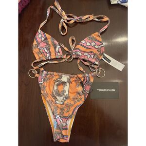 NWT PrettyLittleThing Womens Bikini Set Sz 4 Baroque Scarf Resort Vacay Beach